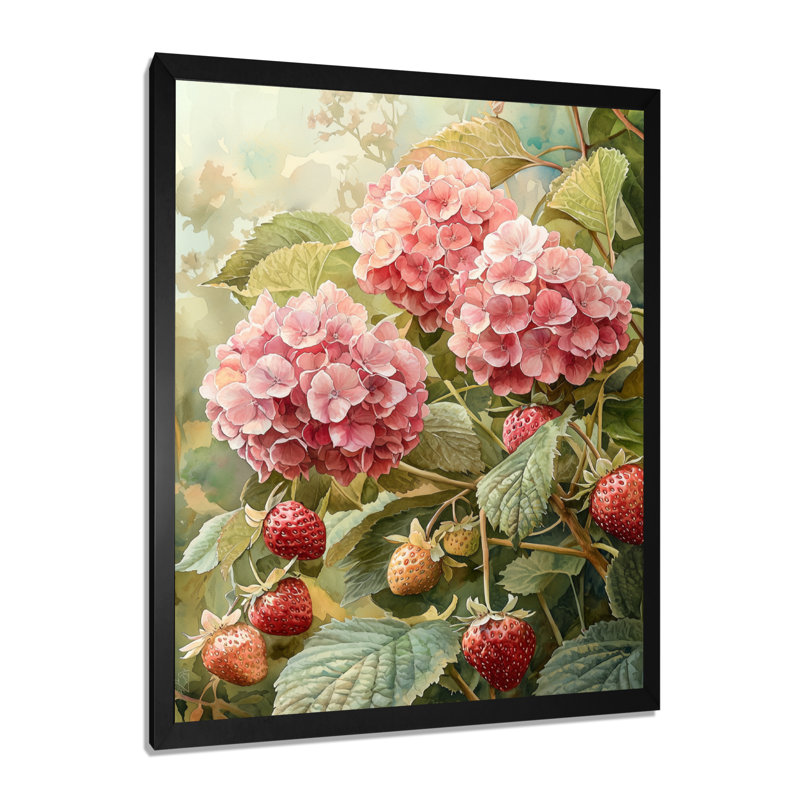 Hydrangeas In The Strawberry Patch - Floral Wall Art Prints, Black, 20" H x 12" W, Single Picture Framed Print