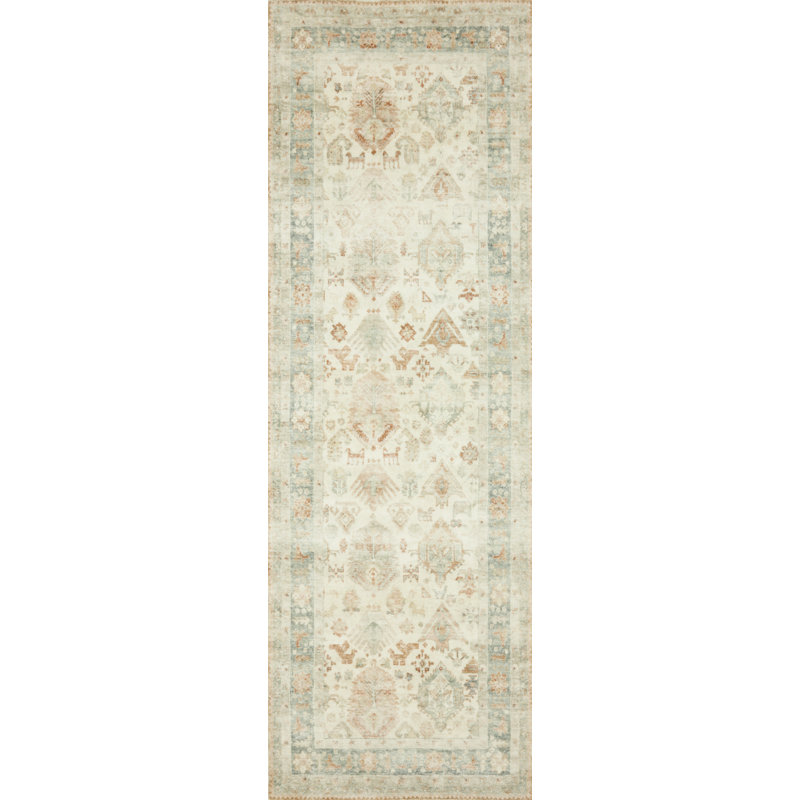Tapis oriental beige / brun / vert foncé, Tapis de couloir 2 pi 2 po x 5 pi
