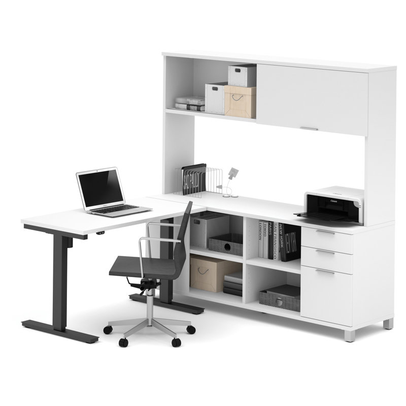 Ensemble de bureau Oriano avec pieds en métal, Blanc, 3 pièces (bureau à hauteur ajustable, bahut, bah