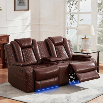 Ensemble de meubles de salon Saxum Tegmen, ensemble de canapé inclinable électrique avec lumières DEL et rangement d'accoudoirs, canapé inclinable en cuir pour le salon, le cinéma maison et les appartements (causeuse 2 places, brun)