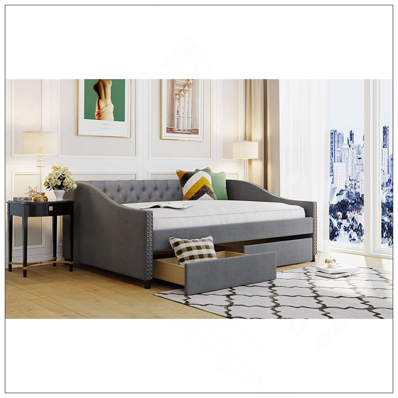 Upholstered Daybed With Two Drawers, Wood Slat Support, Full Size, Gray