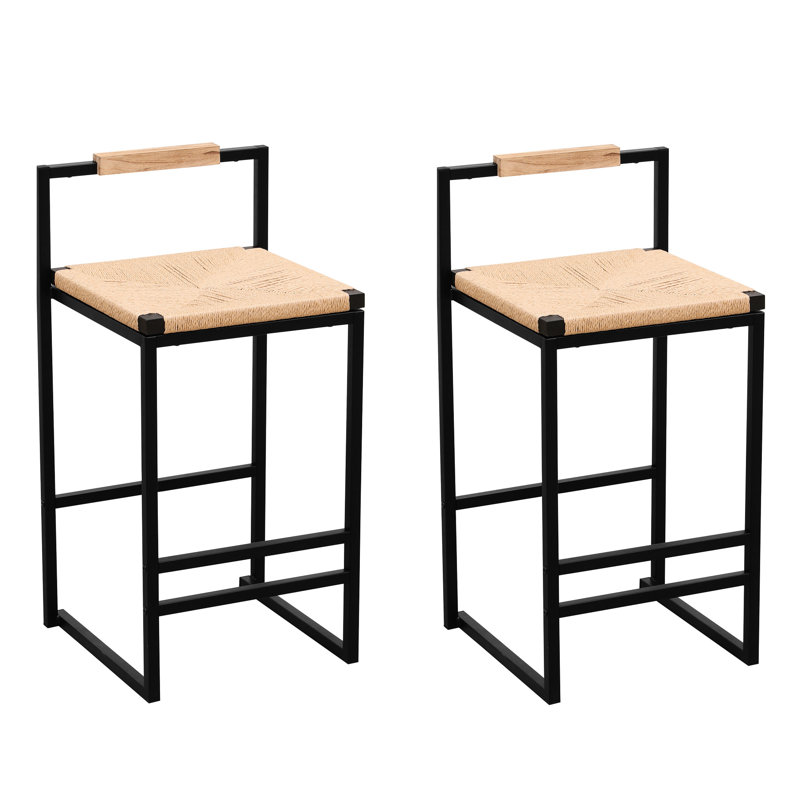 2 tabourets de bar de bureau avec dossier: structure en métal et assise en corde de papier respirante de 2 comptoirs en fer