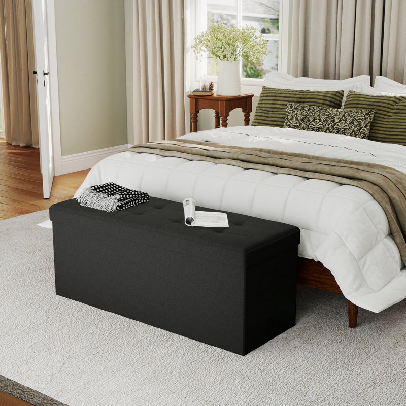 Folding Storage Ottoman Bench, 43.5" Large Capacity Foot Stool, Wooden Top, Black Linen, Black-43.5", Linen