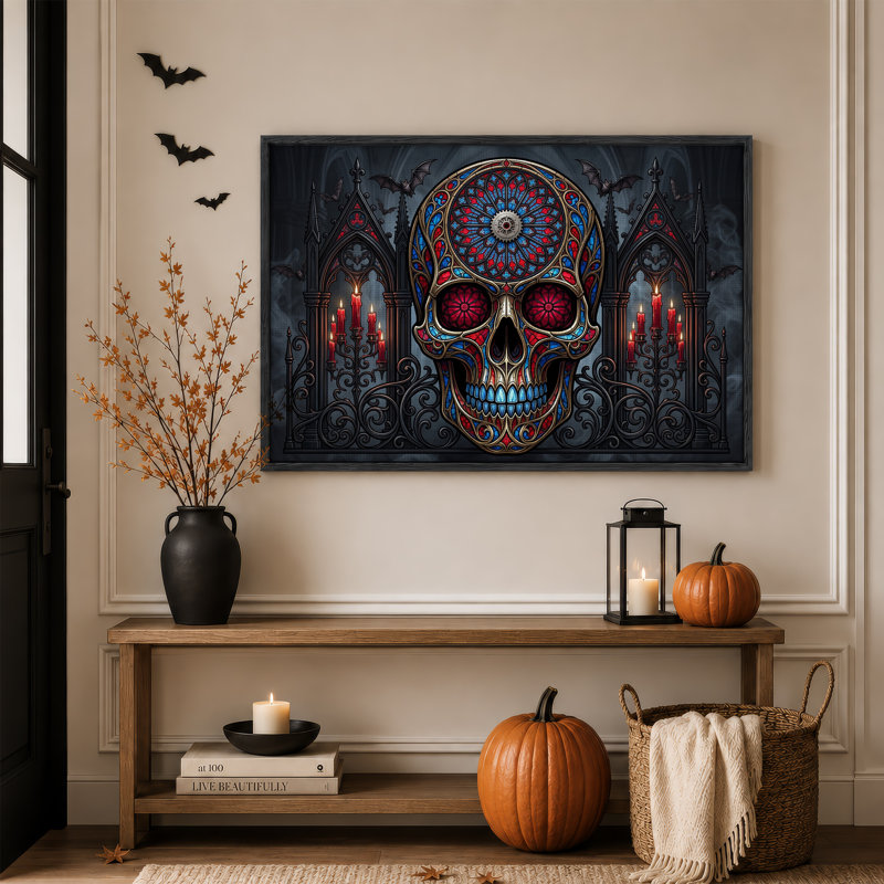 Crâne gothique en vitrail avec chandelles rouges et toile murale d'Halloween, H 36 po x l 48 po
