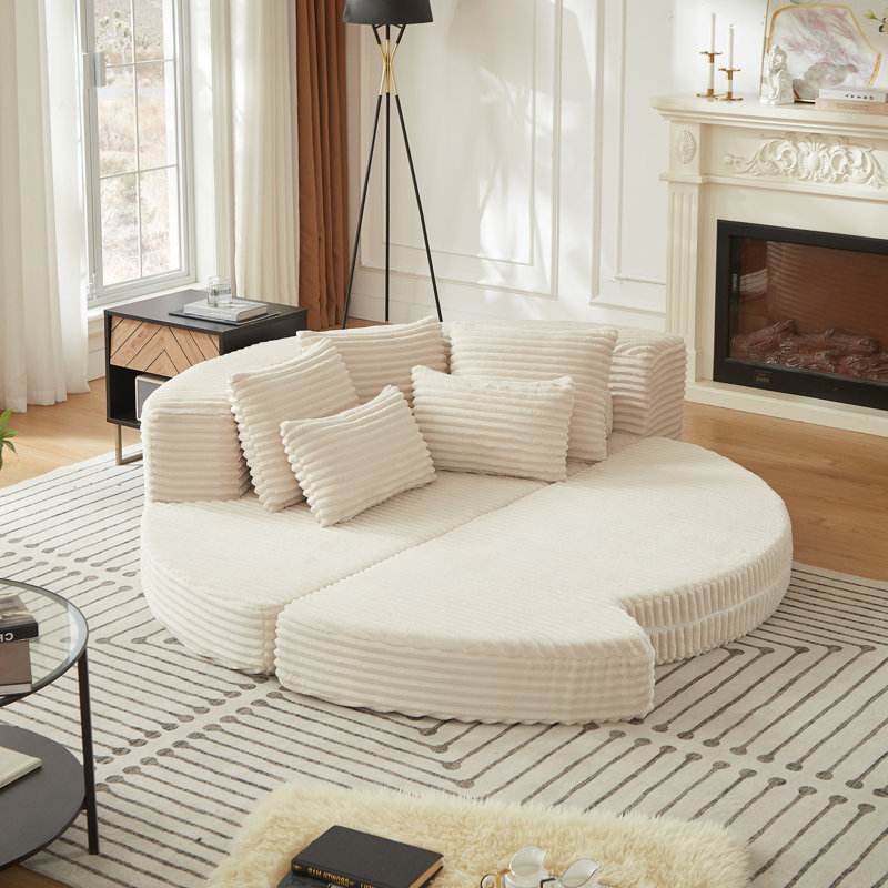 Canapé-lit 78,5 pouces en velours côtelé semi-circulaire 2 en 1, avec coussin pour le cou et cinq coussins décoratifs dans le salon
