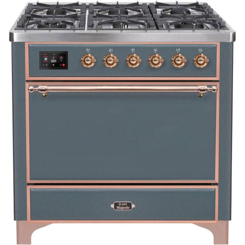 Majestic II 36" 3.5 cu.ft. Freestanding Dual Fuel with Griddle and Convection Oven, Liquid Propane, Glossy Black/Brass