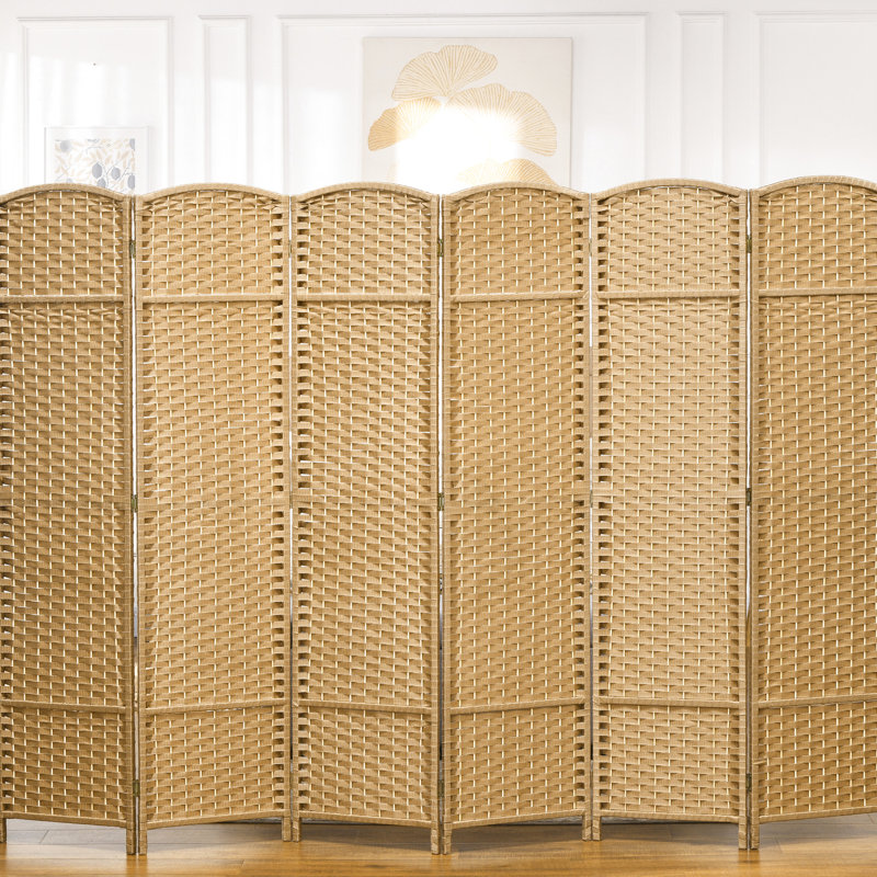 Paravent 6 panneaux, sangle de séparation d'intimité de 5,6 pi. Bois naturel, tissé à la main pour les sangles de chambre à coucher et de bureau à domicile, cloison de pièce.