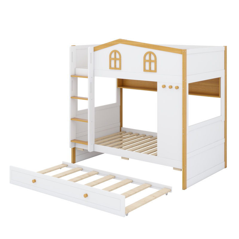 Lit superposé en forme de maison avec tablettes de rangement intégrées et lit gigogne