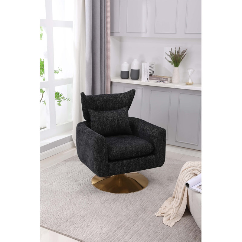 360-Degree Swivel Accent Chair with a Pillow, Black 100% Linen