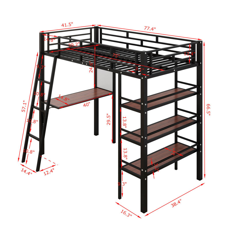 Lit mezzanine en métal Ahrya avec 3 couches de tablettes et bureau, Noir