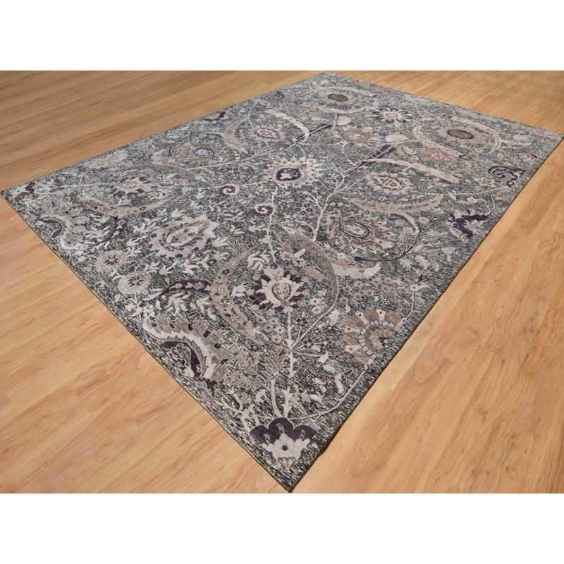 Tapis oriental rond en forme de feuille de faucille noué à la main 9 pi 11 po x 13 pi 10 po