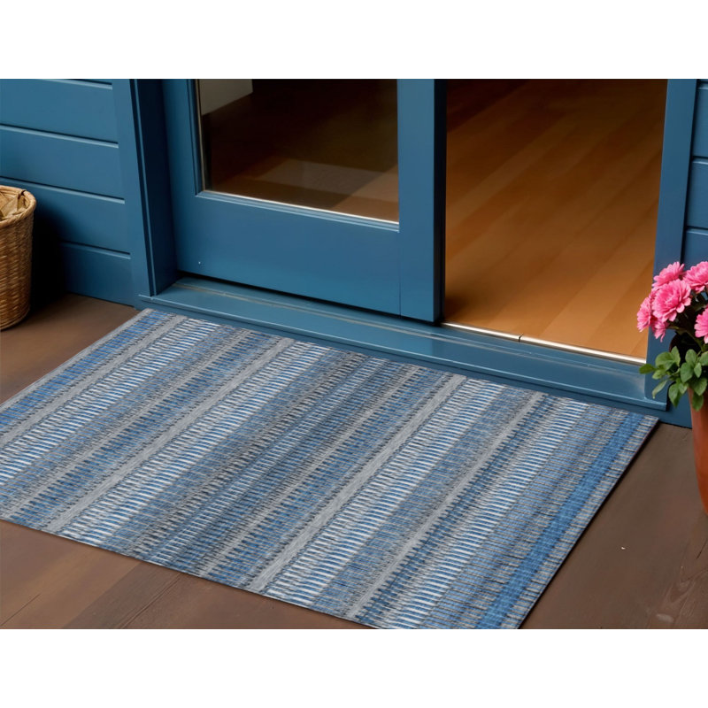 Tapis extérieur lavable rayé bleu et ivoire 3 pi x 5 pi