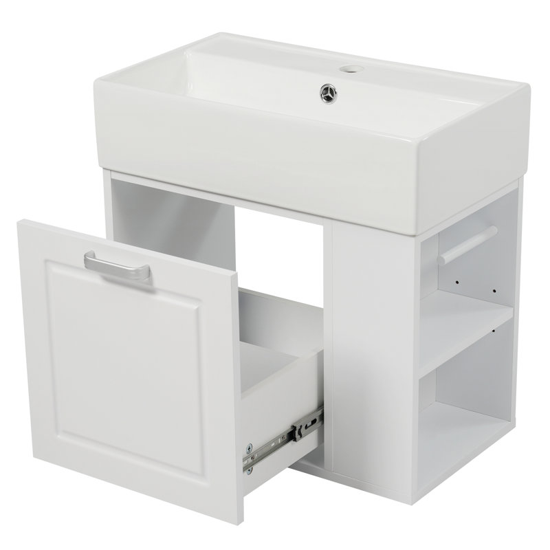 Meuble-lavabo mural de 21,8 po avec lavabo, armoire flottante murale, grand tiroir, tablette réglable, porte-papier hygiénique, système de fermeture en douceur, blanc