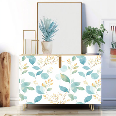 Narrow 35.4'' Wide Sideboard Buffet Cabinet - 2-Door Accent Storage Cabinet With Seamless watercolor floral green gold leaves Print And Metal Legs