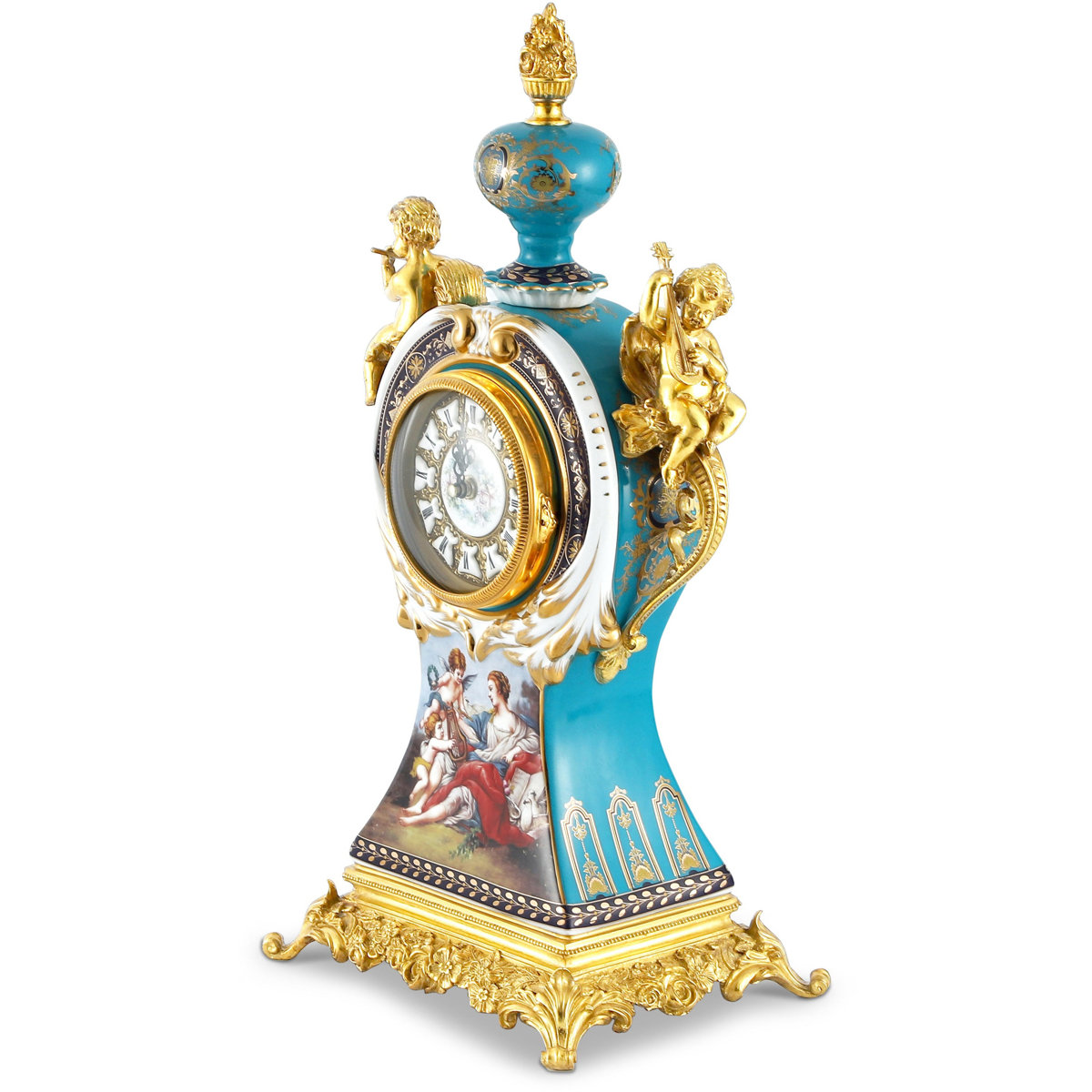 Rococo Cherub Clock with Porcelain & Bronze Floral Accents