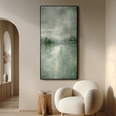 Très grande reproduction d'art sur toile - Paysage de lac serein brumeux avec une douce lueur d'horizon et de subtils reflets dorés pour le salon ou la chambre à coucher - «Assemblage requis du cadre (cadre non fini)»