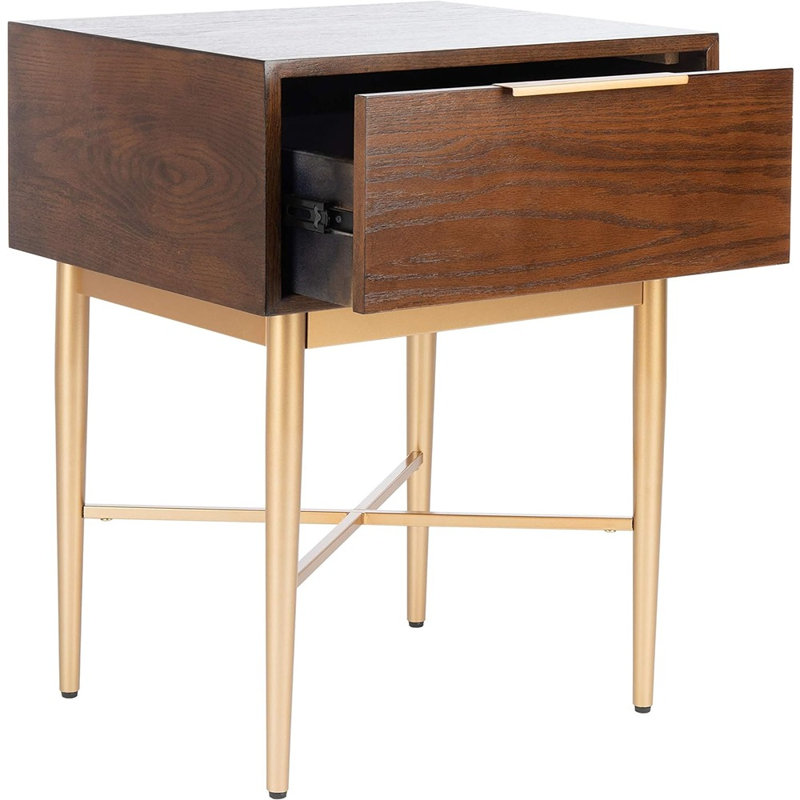 Elegant & Modern Sandoz 19'' W Nightstand –Oak Wood with Sleek Gold Metal Accents for Modern Bedroom, Walnut