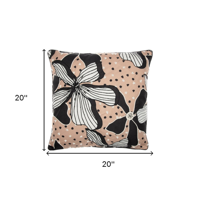 20" Beige and Black Embroidered Floral Polyester Throw Pillow