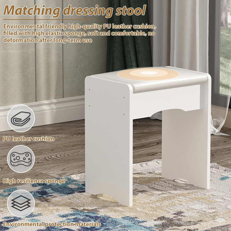 80cm Compact Dressing Table with Stool, Sliding 3-Colour LED Mirror & 5 Drawers - White Vanity Set