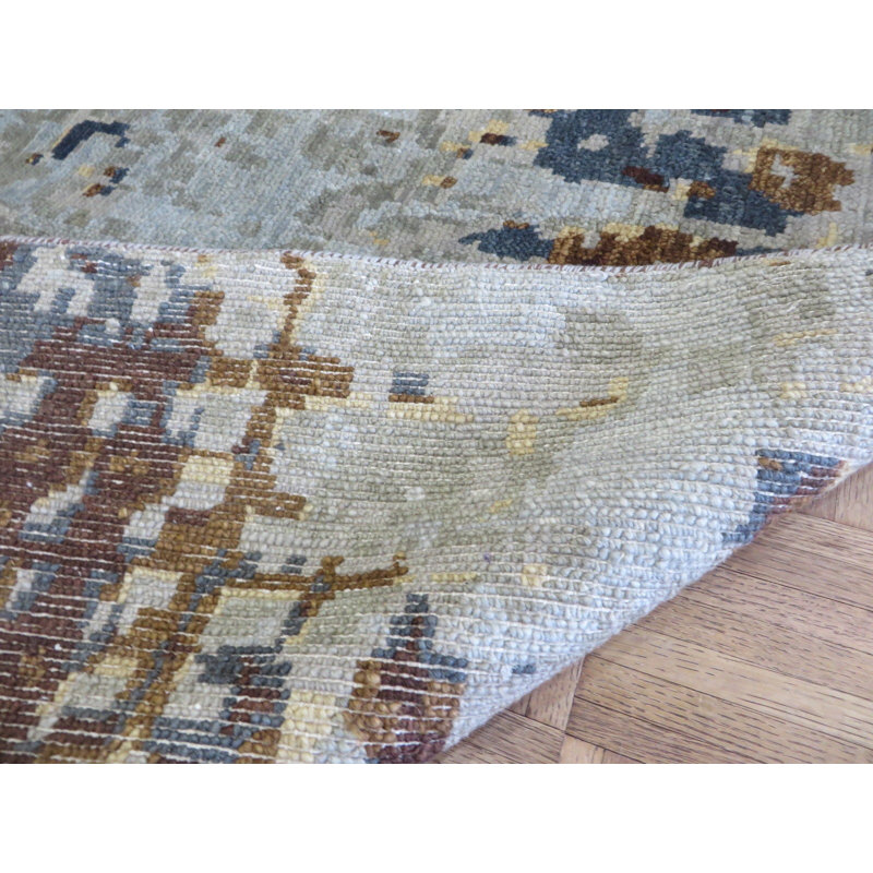 Tapis bleu turquoise en laine noué à la main Pellegrino, Rectangle 9 pi 2 po x 11 pi 8 po
