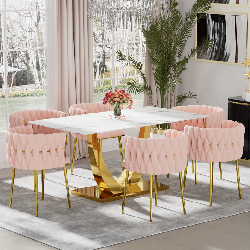 Ensemble de salle à manger rectangulaire à piédestal avec chaise tissée, H 29,5 po x L 63 po x l 35,4 po, Rose