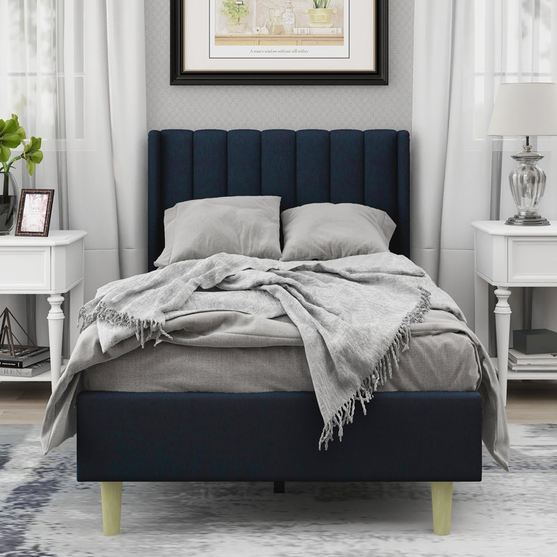 Eriksay Low Profile Upholstered Platform Bed with Wingback Headboard, Twin, Dark Gray Linen