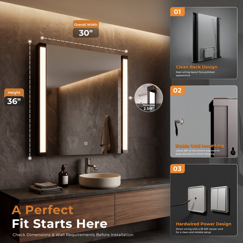 30" W x 36" H LED Bathroom Vanity Mirror with 270° Rotatable Light Arms, Adjustable Brightness & Color Temperature, Memory Function