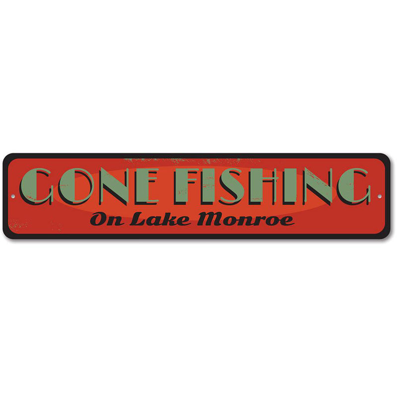 Vieille enseigne en métal «Gone Fishing», H 6 po x l 24 po x P 0,06 po
