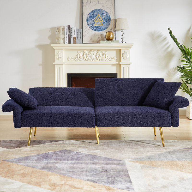 Modern Teddy Upholstered Accent Loveseat Sofa With Side Pocket,Folding Sleeper Sofa Bed With Foldable Armrest , Adjustable Backrest And Golden Metal Legs For Living Room,Dark Blue