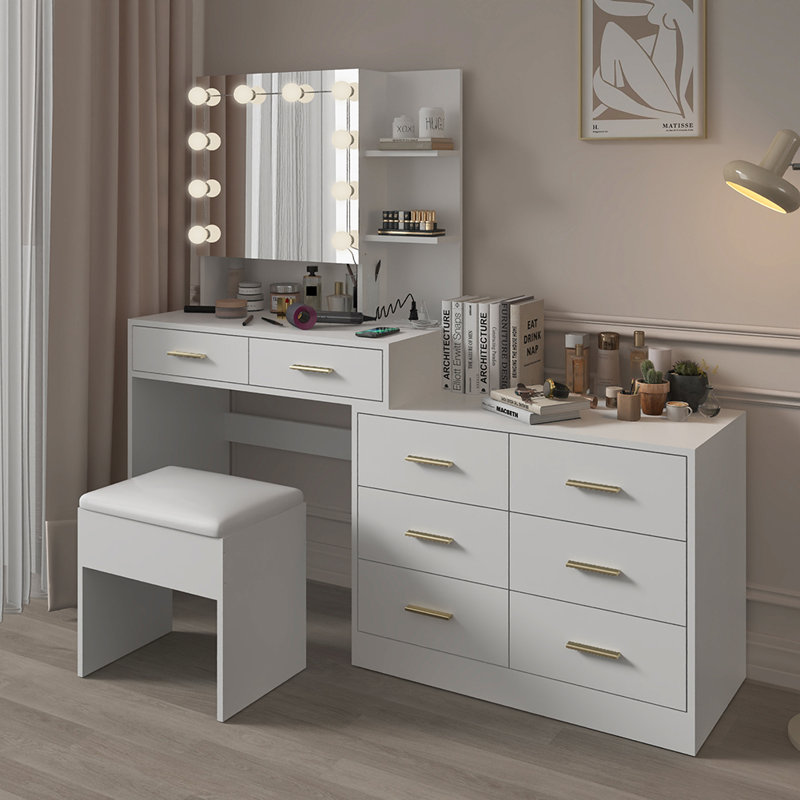 Coiffeuse de maquillage avec lumières, station de charge et miroir, Doré, Blanc