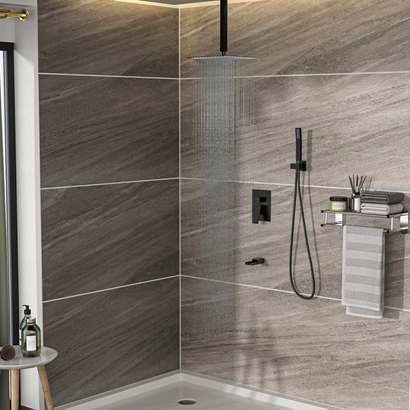 Système de douche en bronze huilé - Douche de baignoire à fixation au plafond de 12 pouces à 3 fonctions avec soupape de pluie et à main