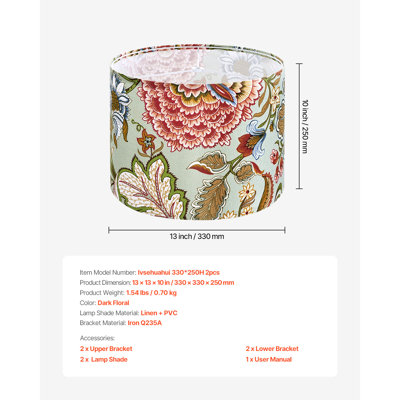 Ensemble d'abat-jour tambour 2 pièces, haut 13 po x bas 13 po x haut 10 po, abat-jour tambour moyen en lin, abat-jour de remplacement pour lampes de table, lampes sur pied, luminaire suspendu facile à assembler (motif floral foncé)