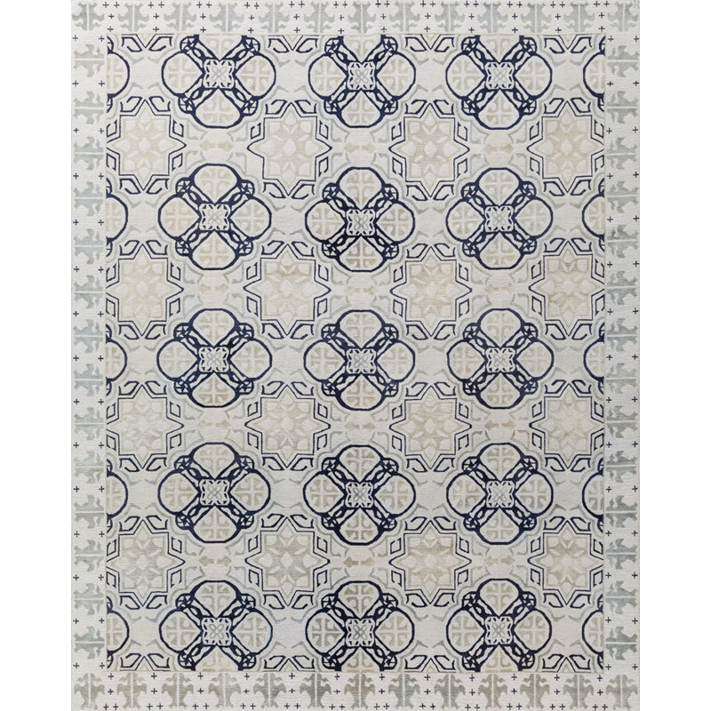 Classic Hand Knotted Geometric Shapes Area Rug, Rectangle 10' x 14'