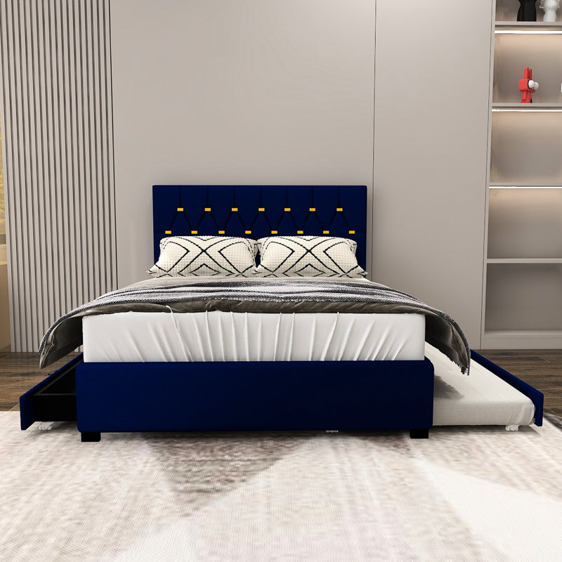 Grand lit bleu avec lit gigogne escamotable et deux tiroirs en tissu, revêtement en velours élégant, fabrication, convient au matériau de rangement de la chambre principale, matériau doux, chambres d'amis idéales