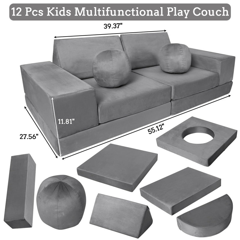 Canapé pour enfants, canapé modulaire pour tout-petits 12 pièces, Similicuir gris