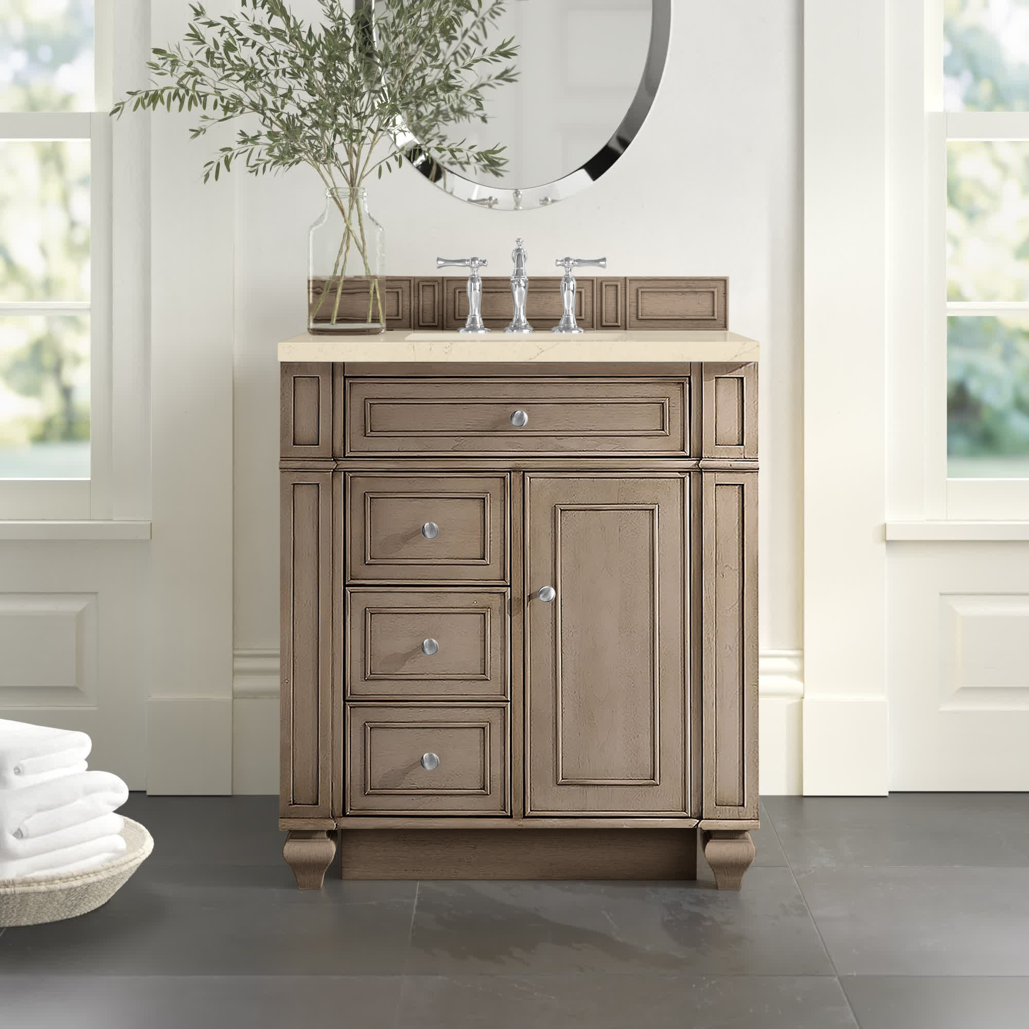 Bristol 30'' W Single Vanity, Whitewashed Walnut, White Zeus, 8" Widespread