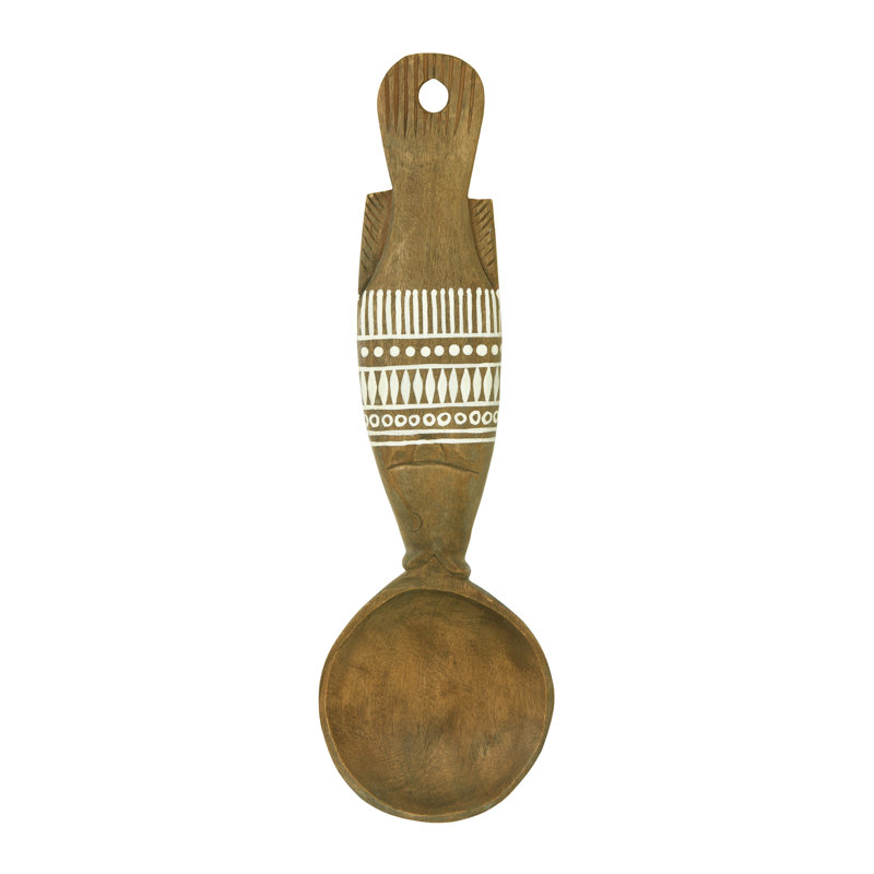 Fish-Shaped 18"H Mango Wood Wall Spoon with Hand-Painted Pattern