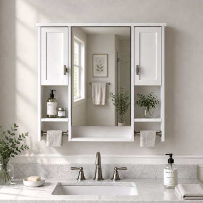 Stellar 35 in. W x 28.7 in. H Rectangular MDF Modern Wall Mounted Bathroom Medicine Cabinet with Mirror in White