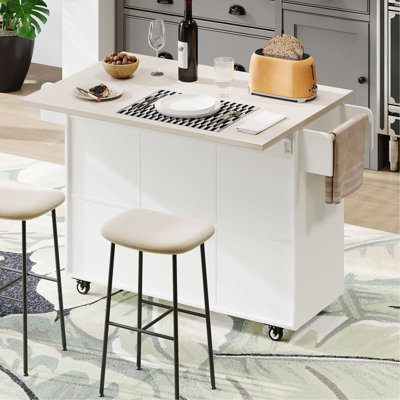 Îlot de cuisine avec armoire de rangement pour poubelle, chariot de cuisine avec abattant, support à épices, porte-serviettes et tiroir, îlot de cuisine sur roulettes avec tablette réglable, blanc