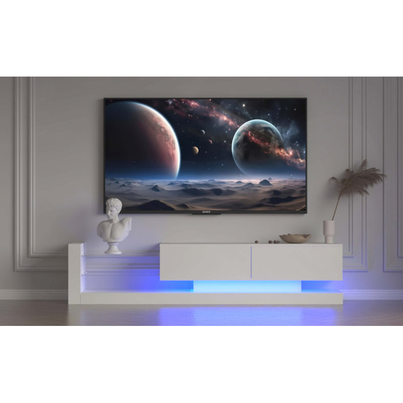 Meuble télé à DEL pour téléviseur 55 65 75 po, meuble télé moderne équipé d'une prise de courant, console de télévision 50 60 70 po pour maisons et appartements, blanc