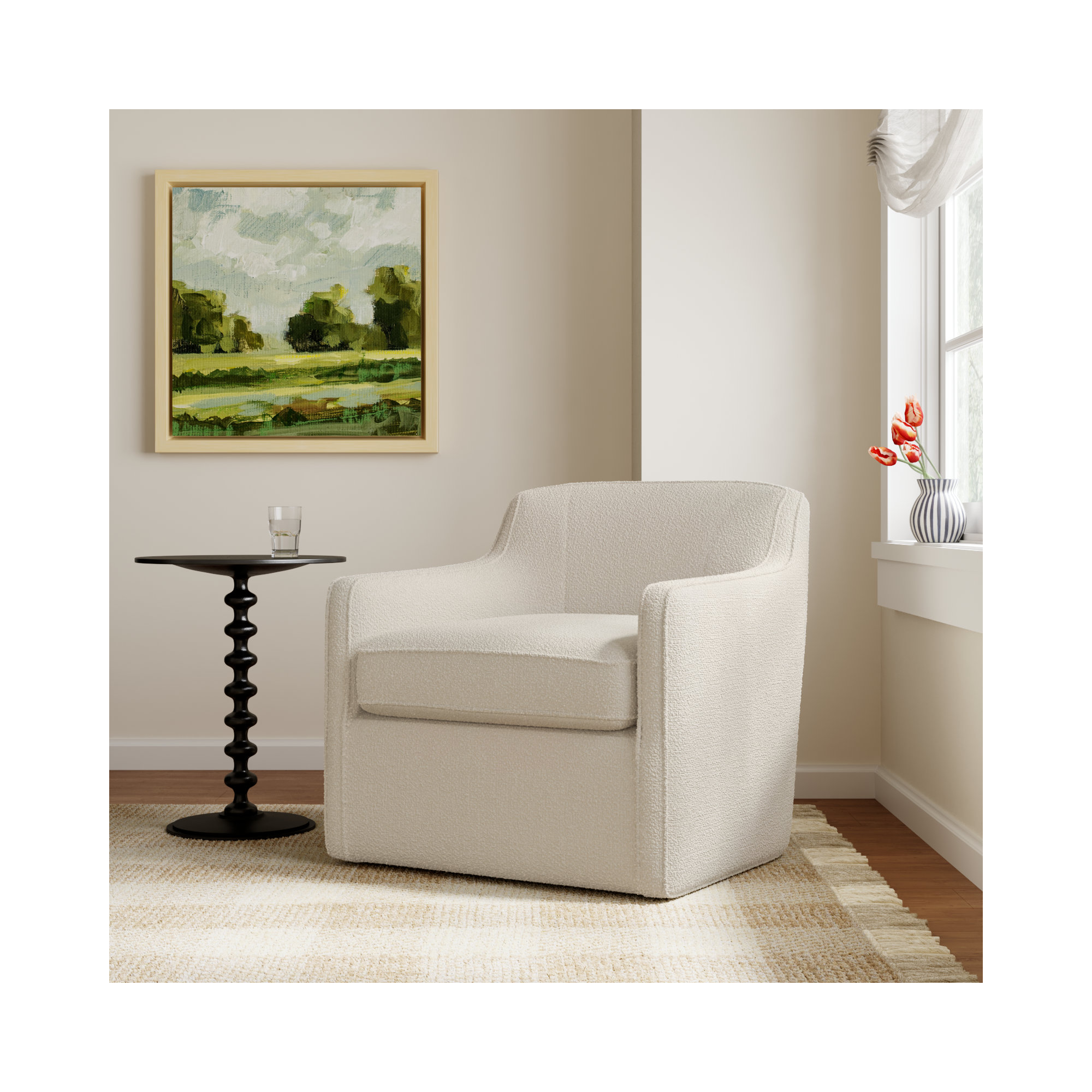Marietta Upholstered Swivel Armchair, Davis Pearl Performance Bouclé