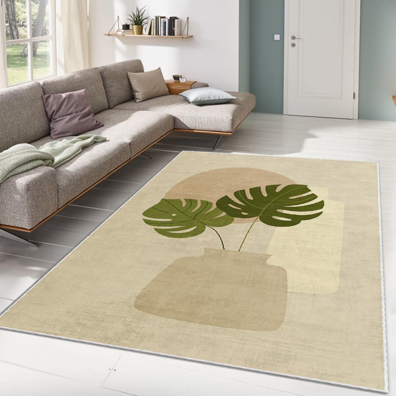 Tapis rectangulaire tissé à plat en polyester jaune / vert / gris Aysel, Rectangle 5 pi 3 po x 7 pi 7 po