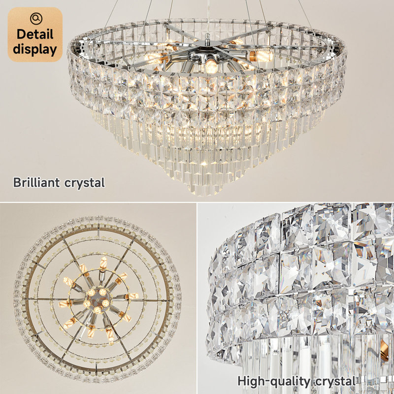 Luminaire suspendu en cristal, hauteur réglable pour plafonds inclinés, 3 couleurs interchangeables, finition chromée, 15 lumières E12 / E14, plafonnier moderne pour salle à manger / salon