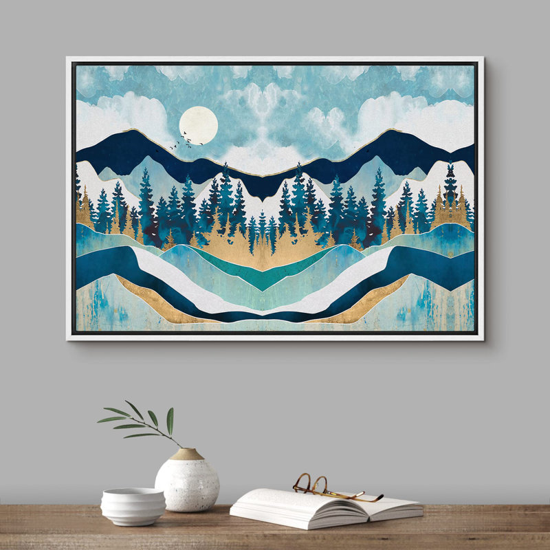 "Woodland symétrique bleu sarcelle et bleu forêt et montagnes, paysage sauvage abstrait, art moderne rustique" sur toile