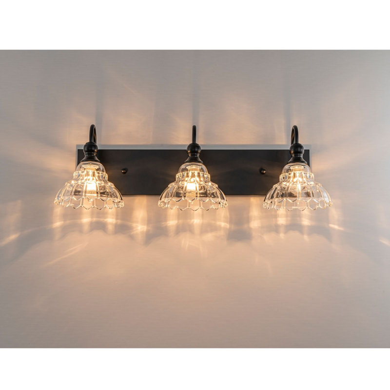 Éclairage pour meuble-lavabo texturé bronze café avec abat-jour en verre transparent, Matte Black, 3 lumières