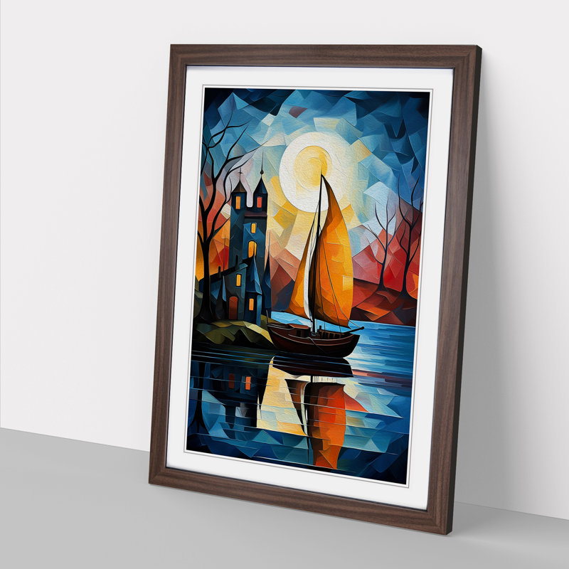 Boat on a Lake Cubism Art - Framed Print, Walnut Framed, 64cm H x 46cm W x 2cm D