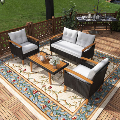 4-Piece Outdoor Rattan Patio Conversation Set With Wood Coffee Table, Cushioned Chairs