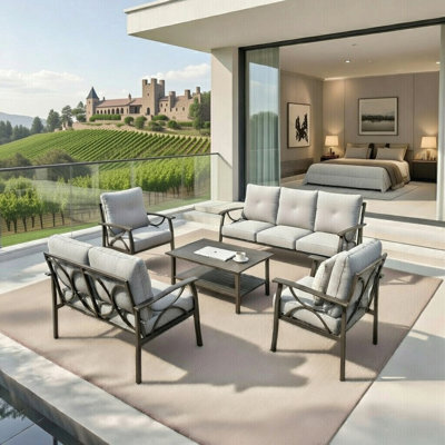 Ensemble de meubles de patio en métal 5 pièces, canapé de conversation 7 places toutes saisons avec coussins épais de 4 pouces, table basse pour jardin