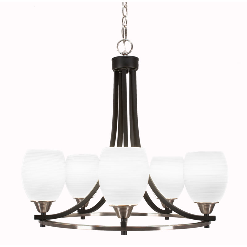 Paramount 5 Light Uplight Chandelier Shown In Matte Black & Brushed Nickel Finish With 5" White Linen Glass