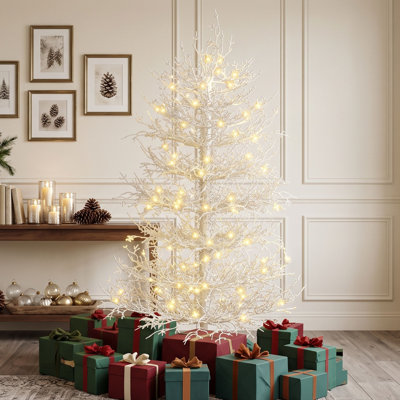 Pre-Lit Coral Artificial Christmas Tree with 230 Warm White LED Lights, 280 PE Tips, Metal Stand and Hinged Branches